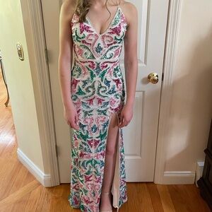 Jovani White Sequin Prom Dress with Pink, Teal & Blue Accents